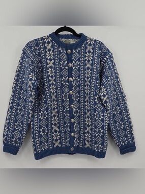 Dale of Norway Norsk Husflid Blue and White Fair Isle Cardigan snowflakes M
